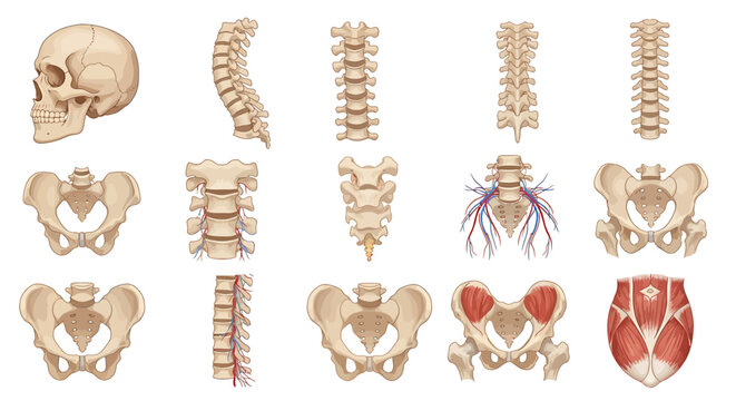 Anatomical illustration showcasing the human skull, spine, pelvis, and related muscular structures.