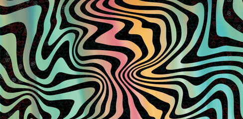 Psychedelic Wavy Optical Illusion Background: Black Lines Holographic Gradient Texture