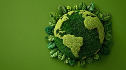 A green and white globe with leaves surrounding it, set against a green background with a subtle gradient.