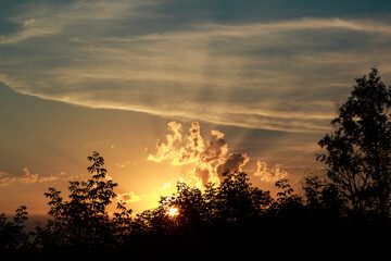 Obraz premium Fiery sunset peeking through silhouetted trees, painting the sky with warm hues. Dramatic clouds catch golden sunbeams at dusk, a tranquil nature scene