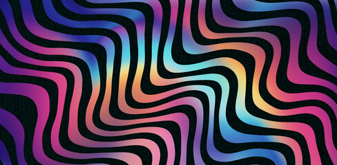 Obraz premium Black Background Holographic Wavy Lines: Vibrant Iridescent Psychedelic Abstract Pattern