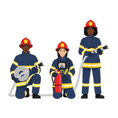 Fototapeta premium Three firefighters in uniform, prepared with equipment, ready for action.