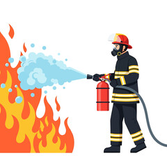 Firefighter in full gear extinguishing a fire with a hose, using water to combat the flames.