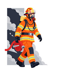 Fototapeta premium Firefighter in full gear walking towards smoke with a hose, ready for action.