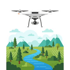 White drone flying over a green landscape with a river, trees, and mountains in the background.