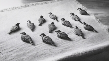 Small, detailed wooden bird carvings arranged neatly on a light linen cloth over a wooden table. Soft diffused daylight from side window. Shallow depth of field focusing on the front bird. Background 
