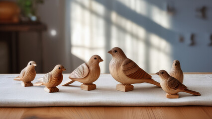 Small, detailed wooden bird carvings arranged neatly on a light linen cloth over a wooden table. Soft diffused daylight from side window. Shallow depth of field focusing on the front bird. Background 