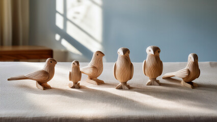 Small, detailed wooden bird carvings arranged neatly on a light linen cloth over a wooden table. Soft diffused daylight from side window. Shallow depth of field focusing on the front bird. Background 
