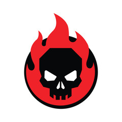 Black skull engulfed by red flames is visible on a white background