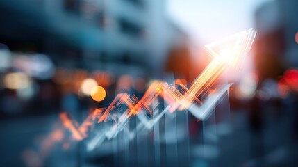 A blurred image illustrating a rising graph overlaying a cityscape, symbolizing growth and progress in business or finance.