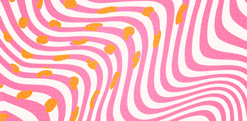 Groovy Abstract Wavy Background with Pink Stripes, White Lines, and Orange Spots