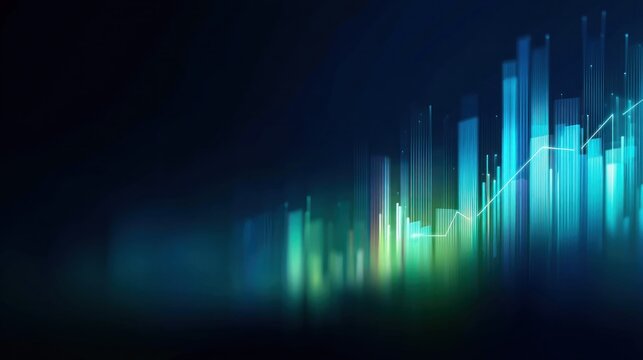 A vibrant, abstract representation of data trends, featuring vertical bars in green and blue hues against a dark background.