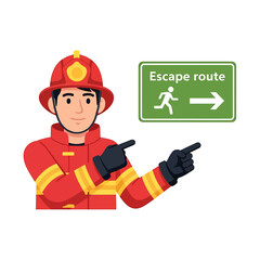 Fototapeta premium A firefighter points towards an escape route sign, indicating direction.
