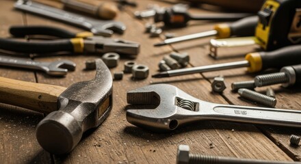 A closeup of various hand tools scattered on a wooden surface, including a hammer, wrench, screwdrivers, pliers, and nuts and bolts, creating a workshop scene