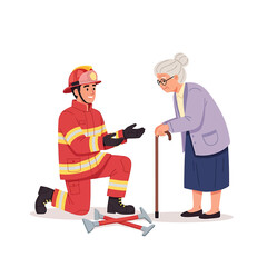 Fototapeta premium Firefighter kneels offering help to an elderly woman with a cane, showing compassion and support.