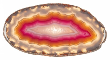Isolated on white background, a polished agate slice, revealing concentric bands of white, pink, orange, and brown, creating a mesmerizing pattern