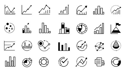 A collection of vector graphics featuring financial charts, graphs, and data visualizations, perfect for illustrating stock market analysis, business reports, and financial presentations, available