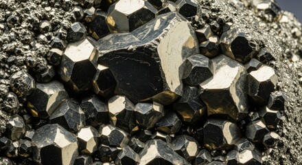 Closeup of pyrite crystals showcasing their metallic luster and cubic structure, a common mineral known as fools gold, found in various geological formations