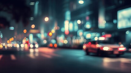 A blurred urban night scene with colorful lights and moving cars, creating a dynamic and vibrant city atmosphere.