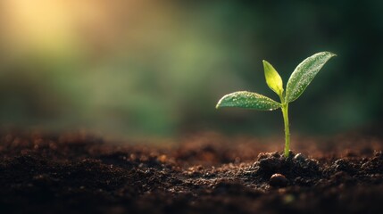 A small green seedling emerges from rich soil, adorned with dew drops, symbolizing growth and new beginnings in a softly lit environment.