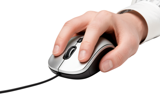 Hand using a computer mouse for work or gaming navigation online