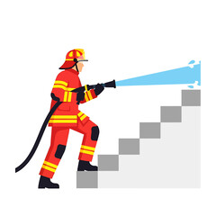A firefighter in full gear climbs stairs while spraying water from a hose.