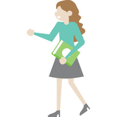 Woman with Long Brown Hair Wearing a Teal Long Sleeve Shirt and Gray Skirt Holding a Green Book While Walking With a White Background