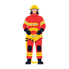 A firefighter in full gear stands holding a coiled yellow hose.