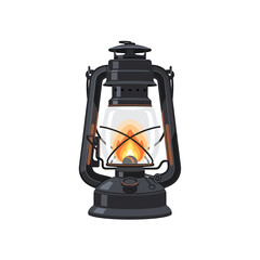 Illustration of a vintage black lantern with a visible flame inside, isolated on a white background.