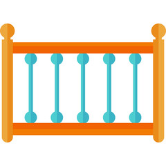 Wooden baby crib with orange frame and blue bars and transparent background isolated on white studio background