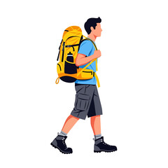 A person walks with a large yellow backpack, prepared for hiking.