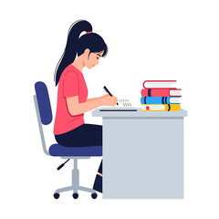A young woman, with dark hair in a ponytail, sits at a desk, writing in a notebook.