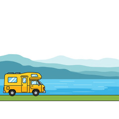 Yellow RV driving on a green road with a lake and mountains in the background.