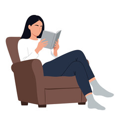 A woman is sitting in an armchair reading a book. She is wearing socks and casual clothes.
