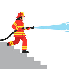 A firefighter in red uniform runs down stairs, aiming water from a hose.