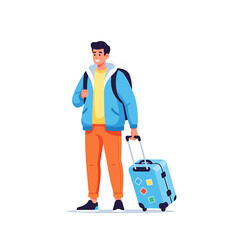 A smiling young man, wearing a jacket, pulls a suitcase, ready for travel.