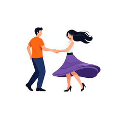 A man and woman are dancing together, holding hands, with the woman's skirt swirling.