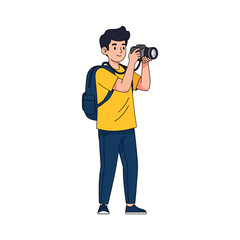 Cartoon illustration of a young man taking a picture with a camera, wearing a backpack, and dressed in casual clothing.