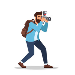 A bearded man with a backpack taking a photograph with a camera.