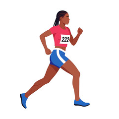 Illustration of a woman athlete running in a race, wearing a pink shirt and blue shorts.
