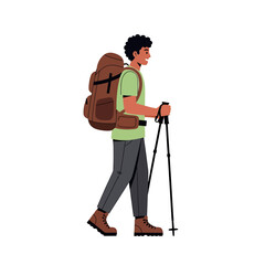 A man with a backpack and hiking poles is walking, viewed from the side, on a white background.