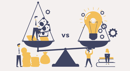 A vector illustration depicts the balance between financial capital and innovative ideas, symbolizing investment in intellectual property on the stock exchange.