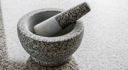 A granite mortar and pestle, showcasing the rough texture and natural beauty of the stone, isolated on white background, a timeless tool for grinding herbs