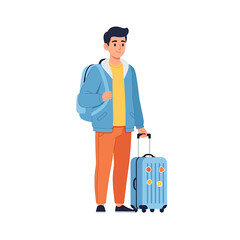 Cartoon illustration of a young man with a backpack and suitcase, ready for travel.