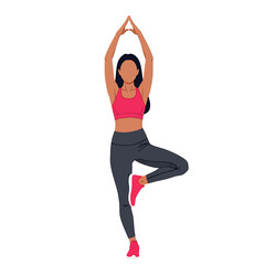 Woman in yoga pose, standing on one leg with arms raised above her head, forming a triangle with her hands.