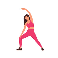 Woman in pink activewear performing a side stretch exercise with arm raised, isolated on white background.