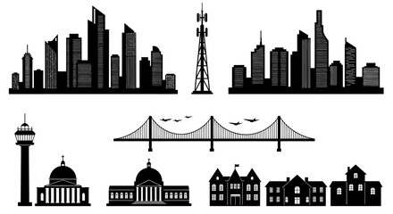 Obraz premium Detailed vector illustration showcasing a diverse collection of architectural icons, including skyscrapers, bridges, and historic buildings, perfect for urban design projects.