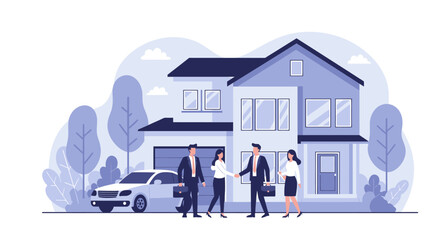 Vector illustration showing a real estate transaction with people shaking hands in front of a house and a car, demonstrating property ownership transfer.