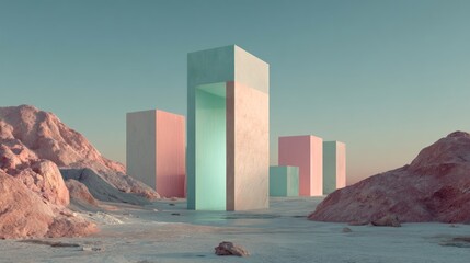 A surreal, pastel-colored landscape with geometric structures and rocky formations, set against a clear sky.