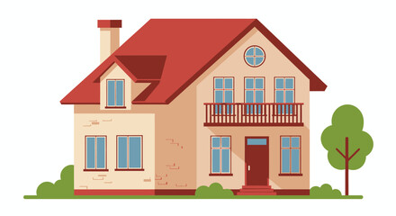 A charming vector illustration of a residential house featuring a red roof, windows, and a balcony, set against a white background, perfect for design projects.